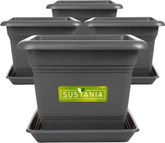 SUSTANIA Blumentopf Pflanzkübel Groß Außen inkl. Untersetzer (4er Set - 40x40), Großer Übertopf Anthrazit, Hoher Pflanzentopf für Garten & Terrasse