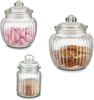 KHG Bonbongläser 3er Set, in verschiedenen Größen, mit Deckel, Candy Bar Gläser luftdicht, Vorratsgläser Süßigkeiten, Bonbons & Cookies, Küchengläser geriffelt mit Knopfgriff