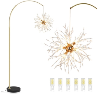 Jibenhome LED Stehlampe Kristall Bogenlampe, mit Fußschalter, 6-Flammige, Höhenverstellbar, Marmorsockel, mit 6 Glühbirnen, für Wohnzimmer, Schlafzimmer