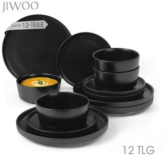 JIWOO Geschirr-Set 12tlg Kombiservice Teller-Set Tafelservice Schüssel-Set Speiseteller (12-tlg), 4 Personen, Keramik, Hochwertiges Geschirr set Schwarz Mikrowellen spülmaschinenfest