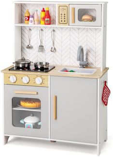 Holz Kinderküche mit Mikrowelle & Herd & Spüle & Backofen Spielküche Kinder Küche Weiß