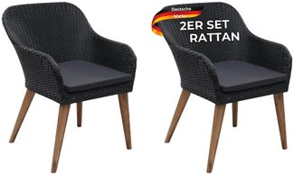 Gartenstuhl EGOS 2er Set Poly-Rattan 62,5x55x82 cm mit Polster Schwarz | Gartenstuhl Rattan Outdoorstühle Balkonstühle