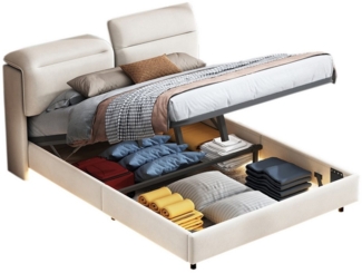 FUROKOY Stauraumbett Polsterbett Doppelbett mit LED-Beleuchtung (Set, 1-tlg, Gepolstertes Kopfteil mit Klappbares-Design), Hydraulikbett Funktionsbett, ohne Matratze, Samt, Beige, 160x200 cm