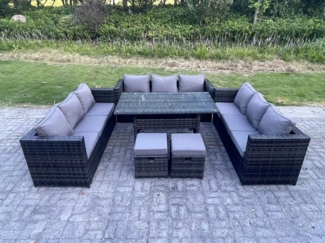 Fimous 11 Sitzer Outdoor Polyrattan Gartenmöbel Sofa Set Terrassen Rechteckiger Esstisch mit 2 Kleiner Hocker Dunkelgrau gemischt