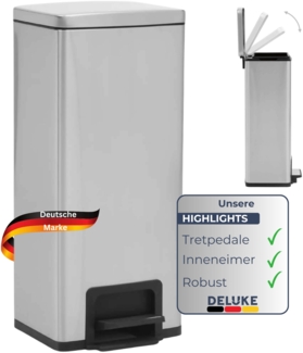 DELUKE® Mülleimer mit Fußpedal 30L Edelstahl - Inneneimer, ABS | Tretmülleimer Küche Abfalleimer mit Deckel Müllbehälter Kücheneimer Treteimer Büro, Silber