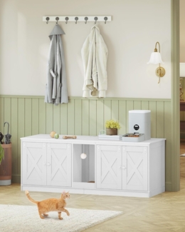 Katzenschrank mit USB-Anschlüssen und Steckdosen, Katzenklo Schrank, 140 cm Verstecktes Katzentoilette für 2 Katzen, Katzenhaus für den Innenbereich mit Katzenglocke, Weiß