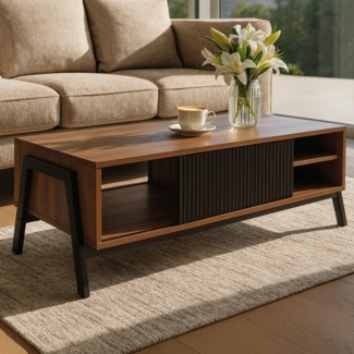 Couchtisch HWC-O40, Wohnzimmertisch Sofatisch, Staufächer Schiebetür MDF Metall Melamin 42 x 120 x 60 cm ~ natur
