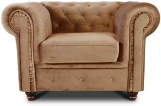 Sessel Chesterfield Asti - Couch, Couchgarnitur, Couchsessel, Loungesessel, Stühl, Holzfüße - Glamour Design, Velours (Beige (Velvet 28))