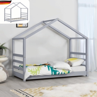 DELUKE® Kinderbett KLIO - mit Lattenrost Kiefernholz Haus-Optik Einzelbett aus Holz Hausbett Kinderzimmer Bodenbett Montessori Bett Grau 70x140cm