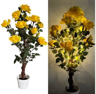 Kunstblume Rosenbaum mit LED-Lichterkette - Künstliche Blumen, Pflanzen im Topf, Rosen, wie echt - 2.0, Online-Fuchs, für den geschützten Außenbereich - 6-Stunden Timer - 92 cm groß
