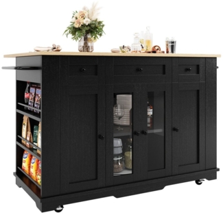 Flieks Küchenwagen Kücheninsel mit klappbare Tischplatte Tiefe 60-85cm, (1 St), Küchenschrank mit Schubladen und Glastüren Buffetschrank