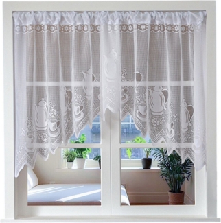Refttenw Scheibengardine Spitze Kurze Vorhänge Cafe Vorhang mit Stangentasche (1 St), Stangendurchzug, halbtransparent, Teekanne&Tasse Drucken, mit Stangentasche -Weiß,150x100 cm (BxH)