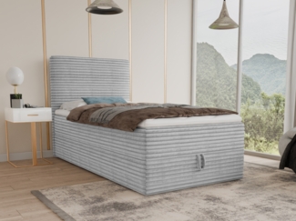 Boxspringbett Mollo Mini mit Bettkasten und Matratzentopper - Einzelbett mit Bonell-Matratze und Topper, Polsterbett in weichem Cordstoff, Bett, Schlafzimmer (Grau (Tilia 86), 90 x 200 cm)