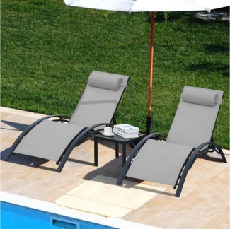 TLGREEN Gartenliege 2er Aluminium Sonnenlieg mit Tisch, 2er Lounge Sonnenliegen Set mit Beistelltisch und Kopfkissen, Wetterfest,5-Fach Verstellbare Rückenlehne, Geeignet für Gärten,Schwimmbäder,Strand,Draussen