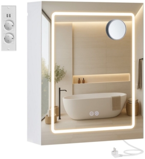 VASAGLE Wandschrank mit Spiegel und LED-Beleuchtung, Badschrank mit Steckdosenleiste, Entfogging-Funktion, Vergrößerungsspiegel, weiß BBKDE133W01