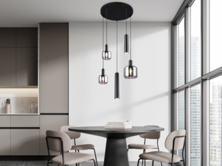 Cluster Pendelleuchte MATARO 5-flammig aus Metall mit Glasschirmen Chrom, Ø 40cm