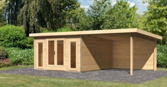 Gartenhaus Radeburg 3 - 369x369 cm plus Anbaudach 3,30m mit Rückwand, 40 mm Holz naturbelassen, Karibu