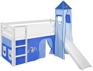 Lilokids 'Jelle' Spielbett 90x190 cm, Trecker Blau, Kiefer massiv, mit Turm, Rutsche und Vorhang