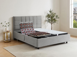 Dekoratives Bett mit elektrischer Relaxfunktion mit Tellern + Taschenfederkern- & Memory-Schaum-Matratze - 2 x 80 x 200 cm - Stoff - Grau - MANAM von DREAMEA