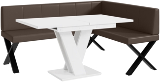 MEBLINI Eckbank für Esszimmer mit ausziehbarem Tisch - Küchenbank - Essecke - Sitzecke Küche - PETER - X-Beine 128x168x87cm Rechts - Braun Kunstleder/M Weiß Matt