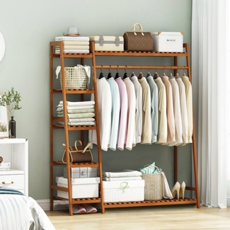 WAOHO Kleiderständer Multifunktionale Kleiderständer aus Bambus, Garderobenständer, Mehrere Lagerplätze