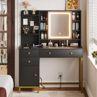 MSMASK Schminktisch mit LED-Beleuchtung (3 Farben), Spiegel und Ladestation (1-St), mit 6 Fächern, 4 Schubladen und 1 Schrank, praktisch und dekorativ