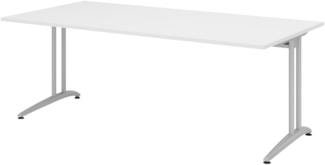 bümö Schreibtisch groß, Serie 200x100 cm, Tischplatte aus Holz in weiß, Gestell aus Metall in Silber - PC Tisch, großer Computertisch für's Büro, Office Bürotisch, BS-2E-W