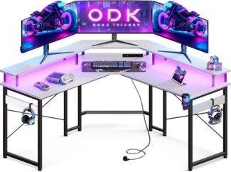 Gaming Schreibtisch LED Eckschreibtisch Weiß 2 Steckdosen USB 129x129 cm