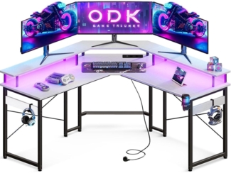 Gaming Schreibtisch LED Eckschreibtisch Weiß 2 Steckdosen USB 129x129 cm