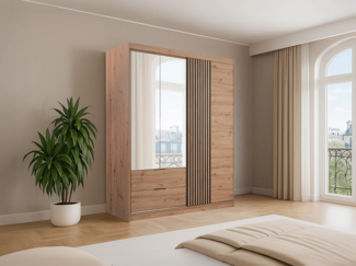 Vente-unique - Kleiderschrank mit 3 Türen und 2 Schubladen – Mit Spiegel – B203 cm – Natur & Schwarz – SIDOVIA