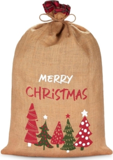 BRUBAKER Aufbewahrungstasche Weihnachtssack Merry Christmas - 80 cm Geschenksack für Weihnachten (4-tlg, Sack mit Kordel zum Verpacken von Geschenken), Nikolaussack aus Jute mit Weihnachtsbäumen