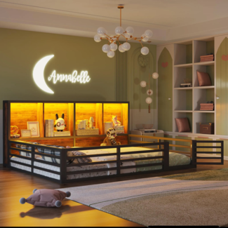 Kinderbett mit LED-Beleuchtung, Lattenrost, Tür und Zaun, 140x200 cm, Rausfallschutz, Stauraum, Metallbett