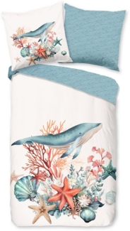 good morning Wendebettwäsche Ocean, Renforcé, 2 teilig, 100% Baumwolle, Reißverschluss, Wendeoptik, Maritim, Meer, Türkis Weiß