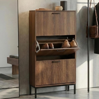 Schuhkipper HWC-P48, Schuhregal Schuhschrank, 3 Kippfächer Ablage MDF Melamin 125 x 60 x 25 cm ~ braun