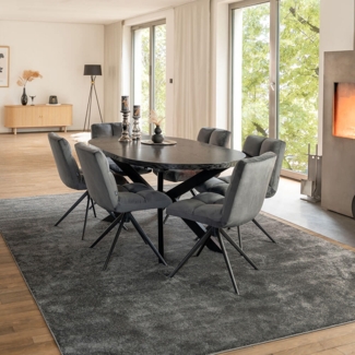 HOME DELUXE Essgruppe Oval Ausziehbar inkl. Sternfuß - 160 x 100 cm Dark Oak 6 Stühle Hellgrau