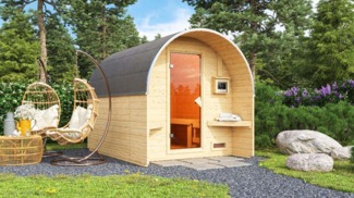 Karibu Fasssauna Fasssauna 3 Sitzbänke aus Holz Sauna mit 38 mm Wandstärke Außensauna