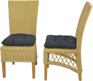 Rattanstühle/Esszimmerstühle 2er-Set, handgeflochten, beige, inkl. Kissen schwarz
