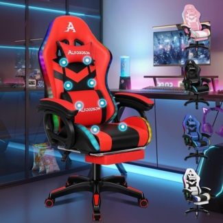 Gaming Stuhl Massage Gamer Sessel LED RGB Beleuchtung Lordosenstütze Rot Marc