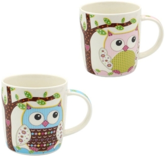 Dekohelden24 Tasse 2er Set Kaffeebecher Kaffeetasse aus Porzellan - Motiv: bunte Eulen, Porzellan