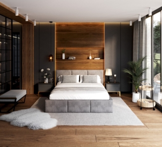 thematys Polsterbett Stauraumbett Bett mit Bettkasten - MADE IN EU - mit samt Velours Bezug (verfügbar 90x200 120x200 140x200 160x200 180x200cm, Bettrahmen, Bett, Optional mit Matratze bestellbar, mit großen gepolsterten Kopfteil, mit Bettkasten zum au...