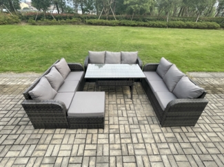 Fimous Rattan Gartenmöbel-Set mit Langer rechteckiger Esstisch Großer Fußhocker 10 Sitzer Outdoor Garten Sofa Set Dunkelgrau gemischt