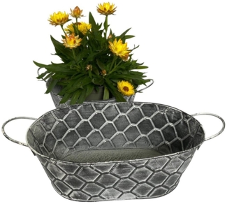 Online-Fuchs Blumentopf 2er Set Blumenschalen aus Zink im Waben-Dekor Form wählbar (Rund Oval, Metall, Silber, Grau, Vintage-Optik, Eimer), Maße: Ovale Schale ca. 30 x 19 x 11 cm. Rund ca. 22 x 25 x 11 cm