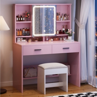 HOMALL Schminktisch Schminktisch mit Spiegel und LED 2 Schubladen und 6 Ablagefächer (Dreifarbiges Einbau-Lichtband mit Unterbau-Tretplatte Kostengünstige Wahl)