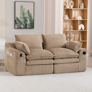 Flieks Modulares 2-Sitzer Cordsofa, mit Kissen & 2 Seitentaschen, 3‑lagiger Schaumstoff + Federkern, Khaki