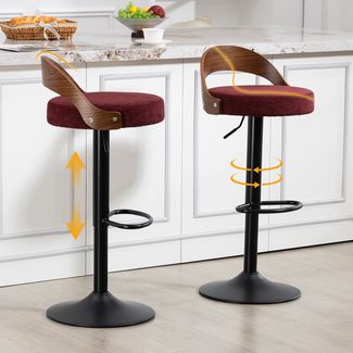 LVHOM Barstuhl 2er Set, 360° drehbarer Barhocker mit Rückenlehne und Fußstütze, höhenverstellbarer Tresenhocker aus Bugholz & Leinenstoff, Weinrot