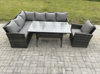 Fimous Outdoor Gartenmöbel-Set Ecksofa Set mit Rechteckiger Esstisch Sesseln Dunkelgrau gemischt