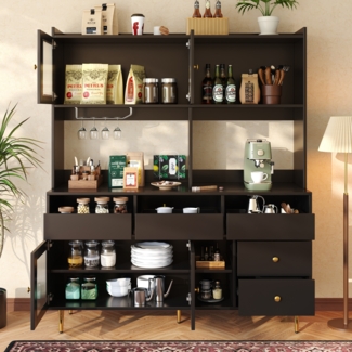 Sideboard Anrichte Buffet in Schwarz, Schrank mit Changhong Glastür und Weinregal, Schubladen mit Metallgriffen, erhöhter Boden