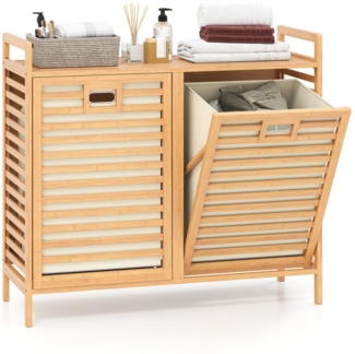COSTWAY Wäscheschrank mit doppelt schwenkbarem Wäschekorb, 75L Bambus