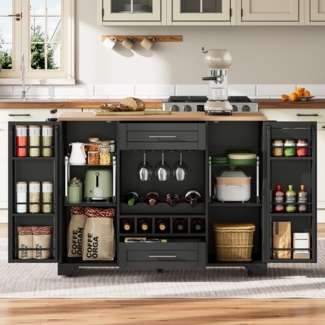 Küchenwagen Kücheninsel 138x70x92 cm mit klappbarer Platte, Weinregal, Schubladen, Schwarz