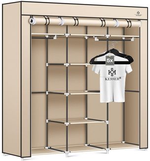 KESSER® Kleiderschrank Stoffschrank Stabil mit Kleiderstange & Ablagen, Inkl. 5x Kleiderbügel, Stoff Faltschrank für Schlafzimmer, Ankleidezimmer Garderobe mit Kleiderständer 150x45x175cm Beige
